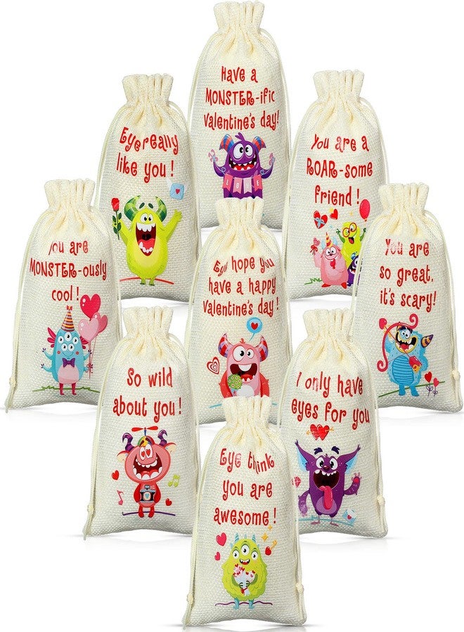 Tiamon 45 Pcs Valentines Burlap Gift Bags Bulk 6 x 4 Inch Drawstring Canvas Linen Monster Treat Candy Goodie Bag for Valentines Party Favors Wedding Bridal Shower Birthday Packaging Supplies, 9 Styles - Image 1